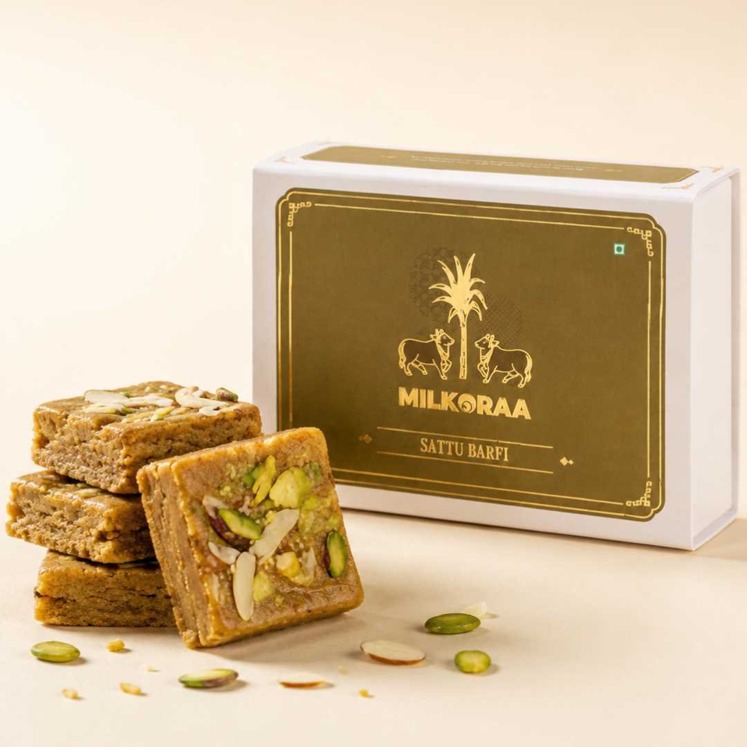 Website Sattu barfi 2 Milkoraa Sattu Barfi – No Refine Sugar | 15g Protein Snack | 250g - Image 1